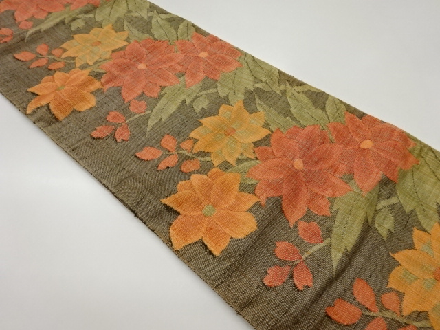 手織り紬抽象花葉模様織出し名古屋帯